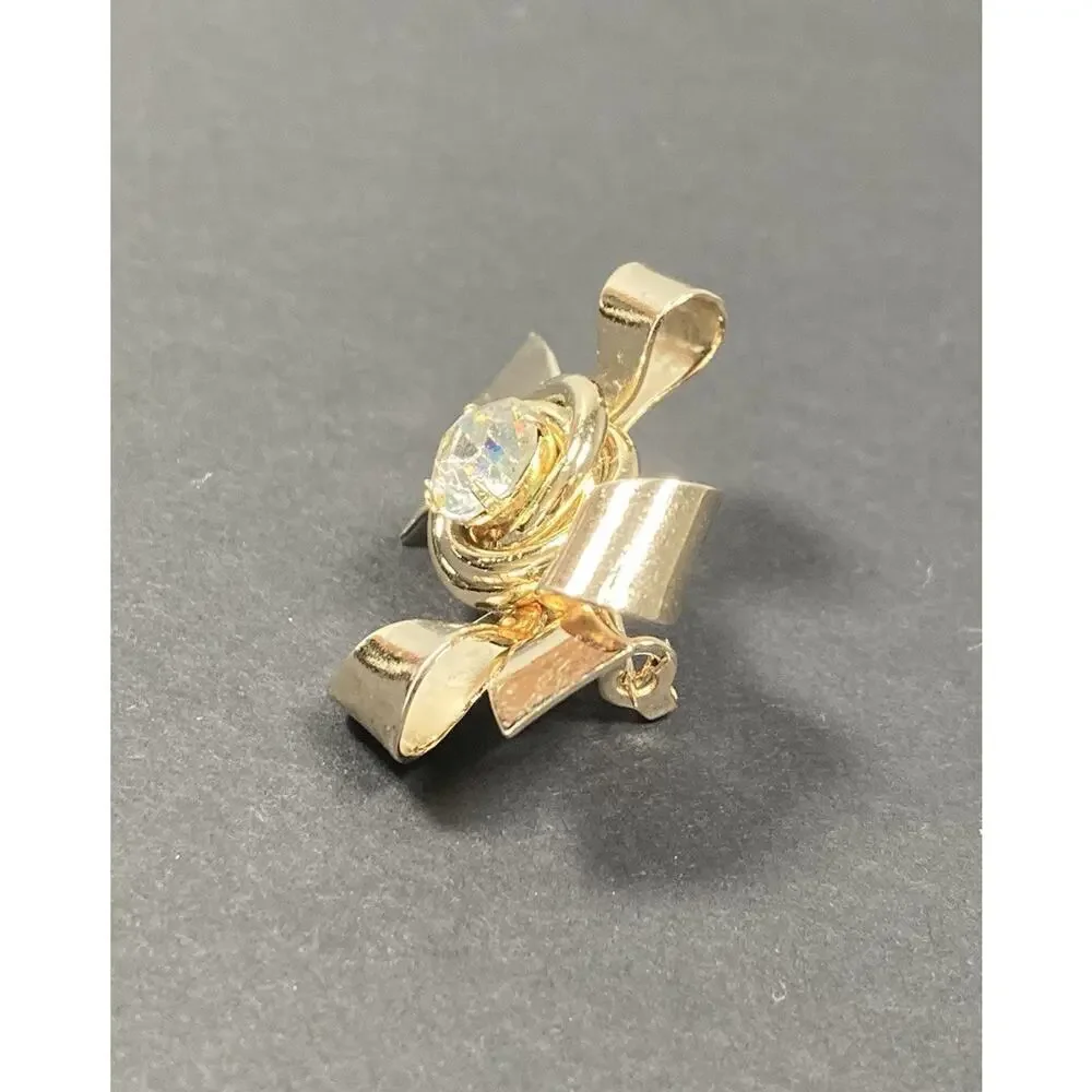 Vintage Coro Flower and Bow Brooch Gold Tone Clear Crystal Center Signed